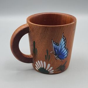 Wooden Costa Rica Souvenir Coffee Tea Mug With Hand Painted Butterfly Flower
